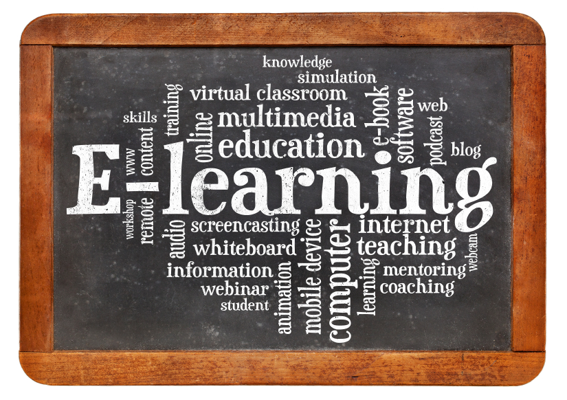 online education concept - e-learning word cloud on a vintage slate blackboard